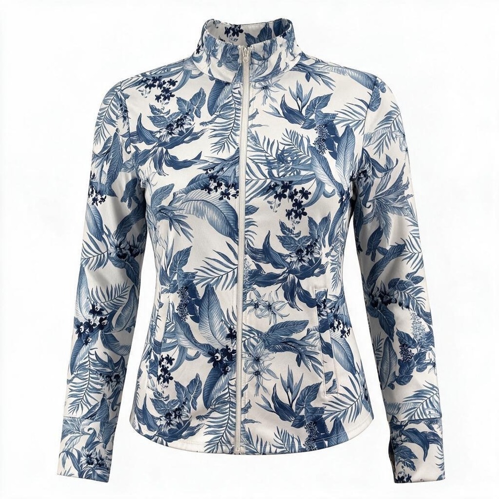Tommy Bahama Golf Jacket Women's Large Blue White Floral Full Zip Stretch #3047